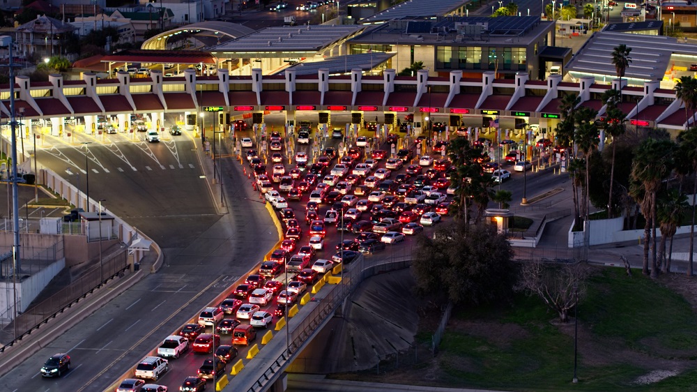 Aerial view of Laredo, Texas during early evening overlooking the U.S Customs Border entrance.